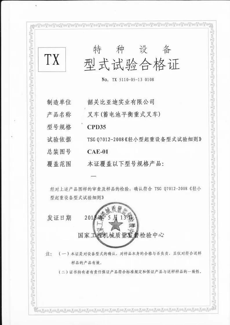 Certificat d'essai de type CPD35
