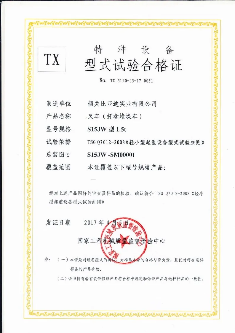 Certificat d'essai de type S15JW