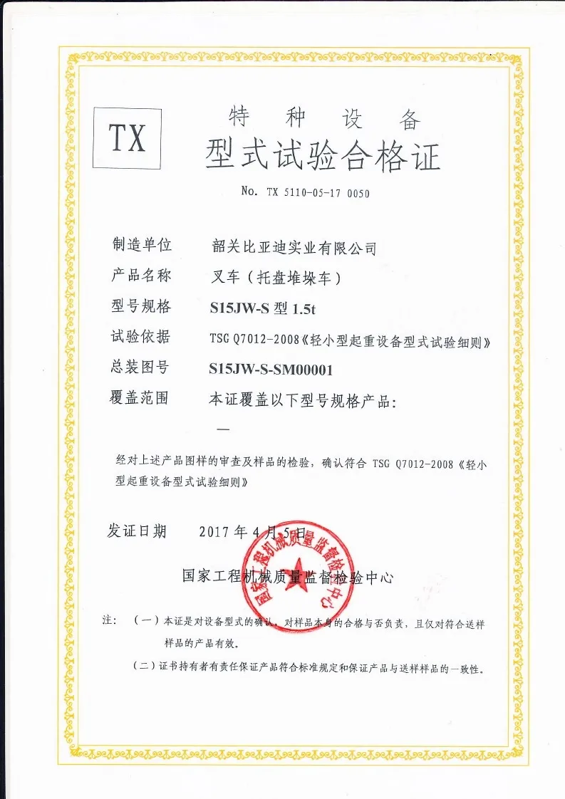 Certificat d'essai de type S15JW-S