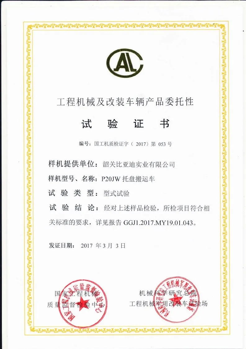 Certificat d'essai de type P20JW