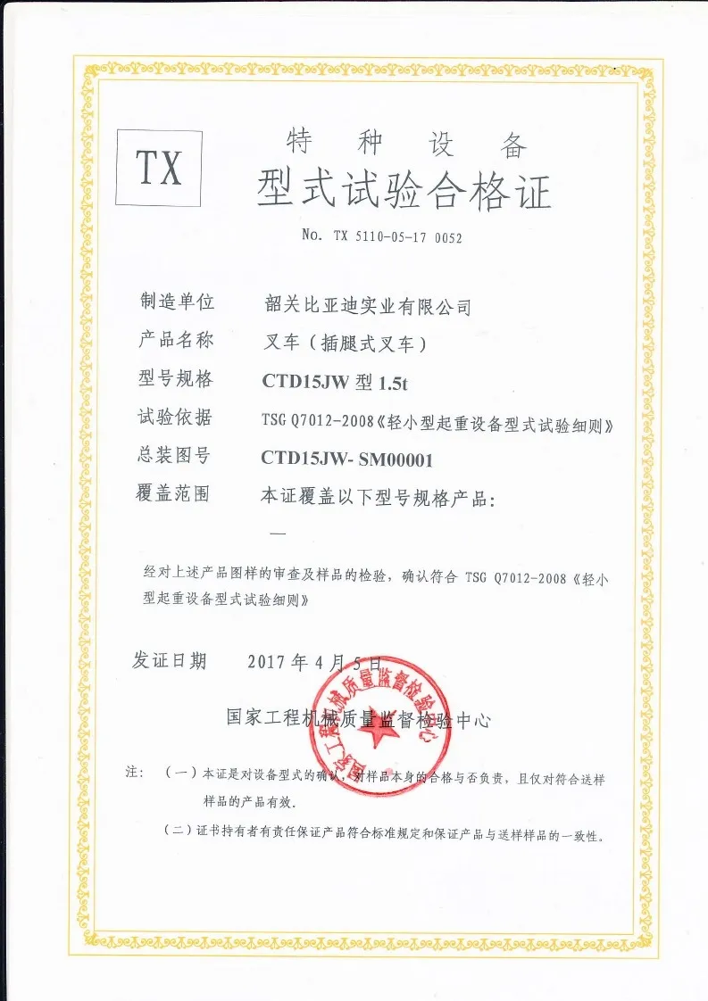 Certificat d'essai de type CTD15JW