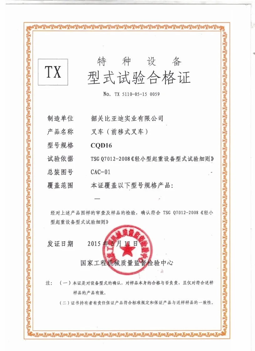 Certificat d'essai de type CQD16