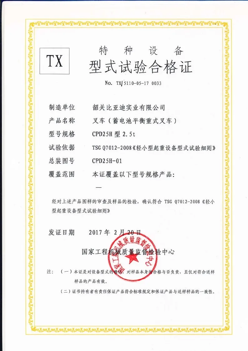 Certificat d'essai de type CPD25H